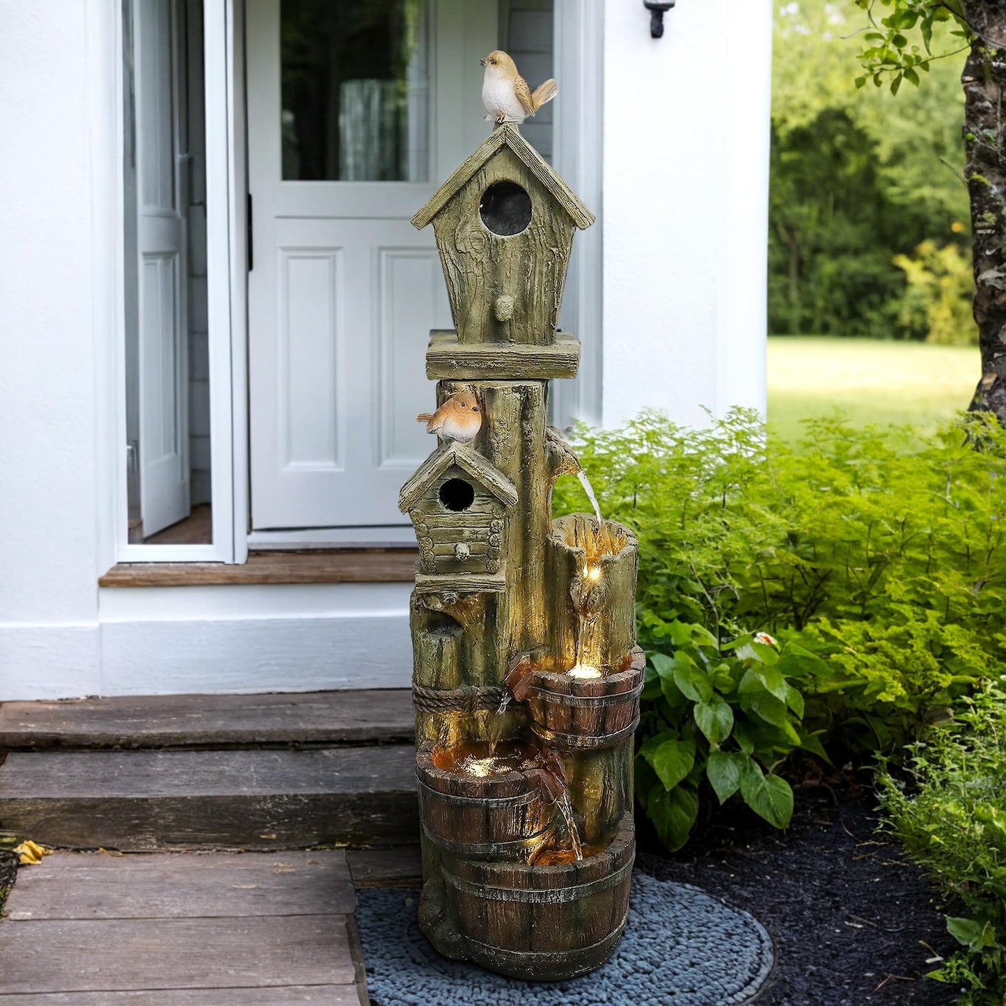 Outdoor Water Fountain with Birdhouse, 39.3inches Rustic Outdoor Water Fountains - Outdoor Cascading Waterfall with Decorative Birds & Buckets, Pump & Lights for Backyard Patio Decor-VerdiqueGarden