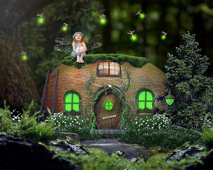Resin Miniature Fairy Gnome Home Windows and Welcome Door with Fairy Lantern,Glow in Dark Art Sculpture for Trees Outdoor Indoor Garden Yard Wall Decorations-VerdiqueGarden
