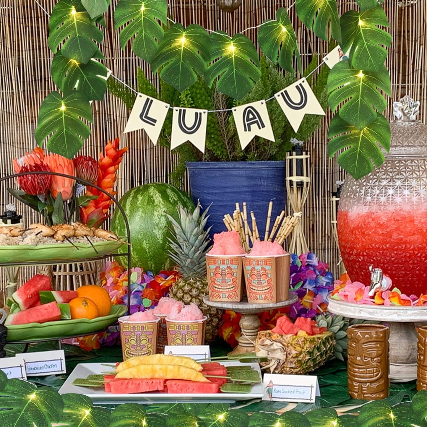 RECUTMS 2 Pack Artificial Tropical Palm Leaves String Lights, Large Size 20 LED Monstera Green Leaf Hanging Vine Greenery,Indoor Hawaiian Luau Jungle Beach Safari Baby Shower Party Spring Summer Decor-VerdiqueGarden