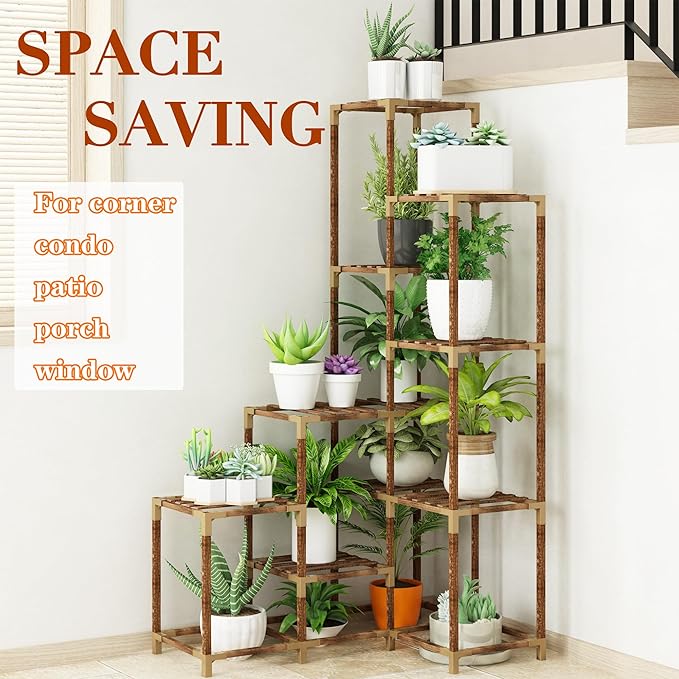 HOMKIRT Plant Stand Indoor Outdoor, 14 Tier Large Corner Plant Stand Tall Plant Shelf Rack Flower Stand For Multiple Plants, Wood Plant Holder Ladder Table Display For Patio Garden Balcony Window-VerdiqueGarden