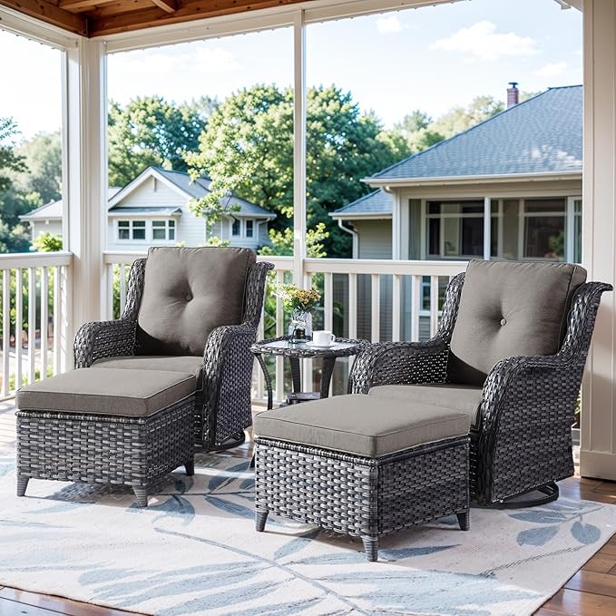 5 Pieces Patio Furniture Sets Wicker Outdoor Furniture, Rattan Patio Swivel Glider Chairs with 2 Ottoman and Glass Side Table-VerdiqueGarden