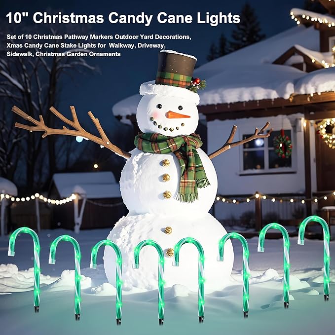 10" Christmas Candy Cane Lights - Set of 10 Pathway Markers Christmas Outdoor Yard Decorations, Green Xmas Candy Cane Stake Lights for Lawn, Walkway, Garden, Xmas Party Indoor Ornaments-VerdiqueGarden