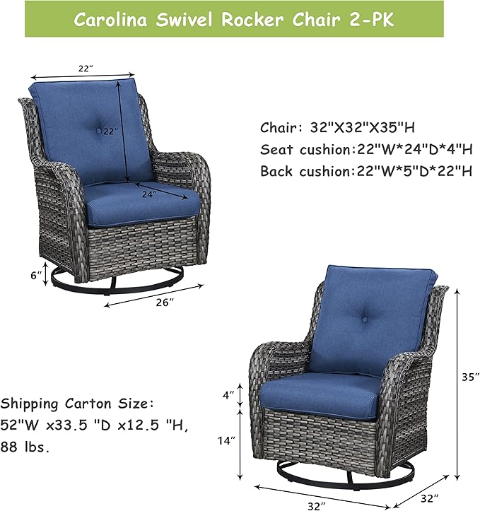 Outdoor Patio Swivel Rocker Chairs - Wicker Rattan Patio Swivel Rocking Chairs Set of 2 with High Back,Deep Seating and Comfort Cushions for Deck Porch Garden,Mixed Grey/Blue-VerdiqueGarden