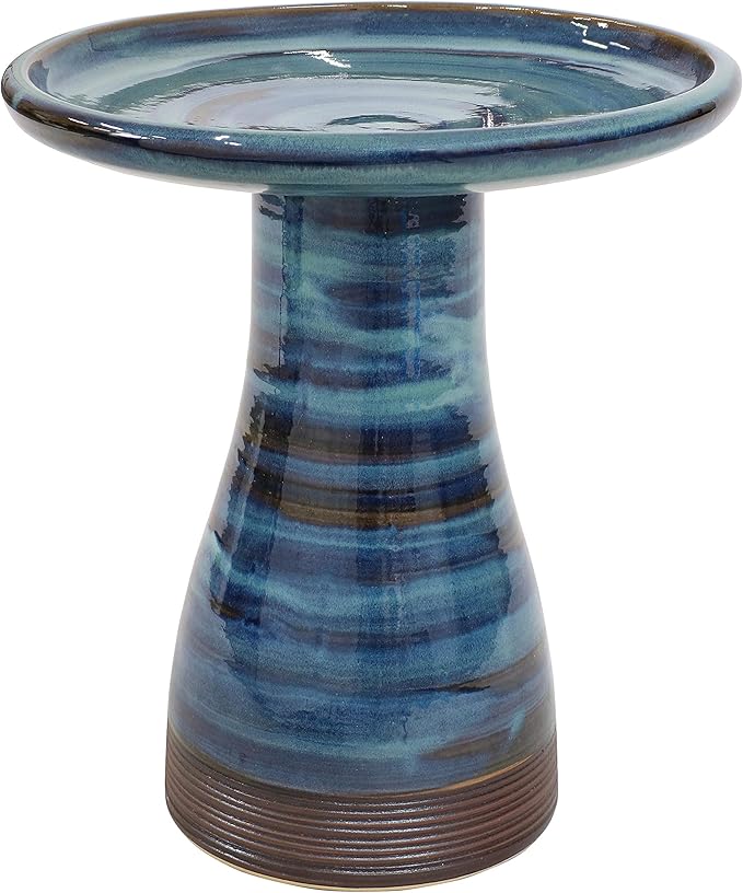 Sunnydaze 21" H Ceramic Bird Bath for Outside - Hand-Painted Outdoor Bird Bath Bowl, UV/Frost-Resistant Finish - Galaxy Blue - Ribbed Pedestal-VerdiqueGarden