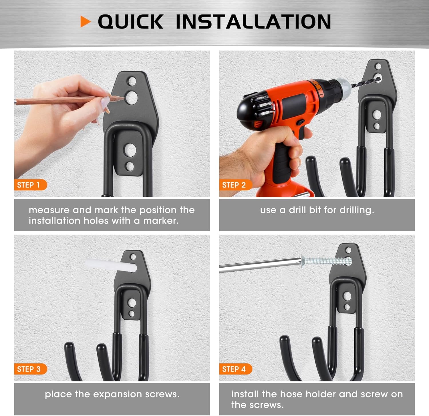 Hose Hanger Wall Mount 2 Pack,Heavy Duty Hose Holder with Screws Metal Hose Hangers for Outside,Hose Rack Suitable for Garage,Garden and Yard,Black-VerdiqueGarden