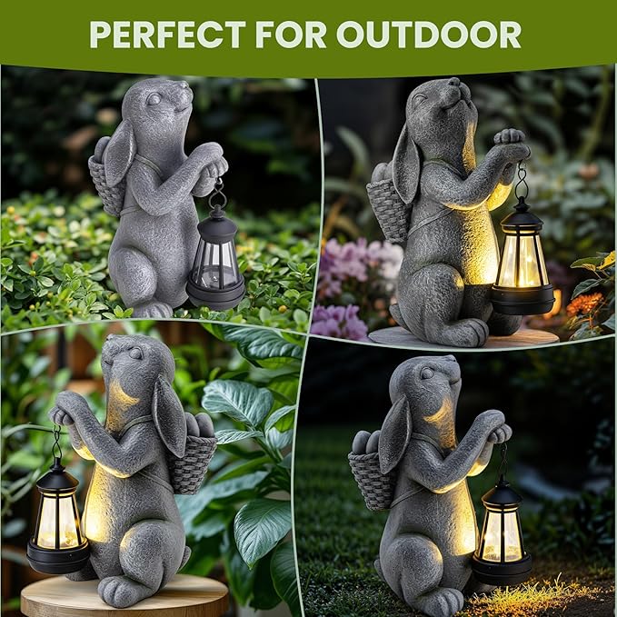 Solar Garden Outdoor Statues Rabbit with Solar Lantern,Outdoor Bunny Figurines Decorations,Lawn Decor Bunny Statue for Patio, Balcony, Yard Ornament,Unique Housewarming and Easter Gifts-VerdiqueGarden