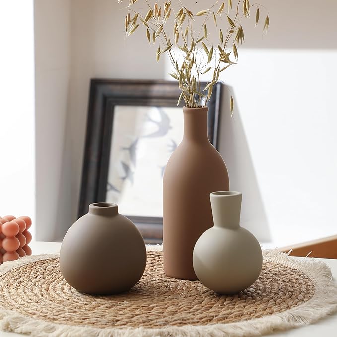 Ceramic Vase Set of 3, Vases Home Decor Rustic Farmhouse Decorative Vase Pottery Vases for Bouquet Pampas Grass Dried Fresh Flowers, Table Living Room Kitchen Bedroom Bathroom - Brown-VerdiqueGarden
