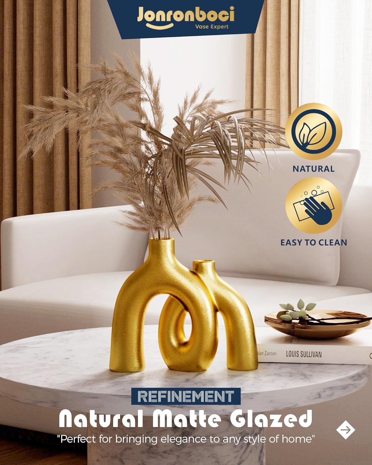 Hug Donut Decorative Vase Set - Golden Modern Classic Transitional Style Vases Home Decor, Matte Ceramic Decorations for Living Room Shelf, Bookshelf Mantle Entryway Table or Console Décor (Gold)-VerdiqueGarden