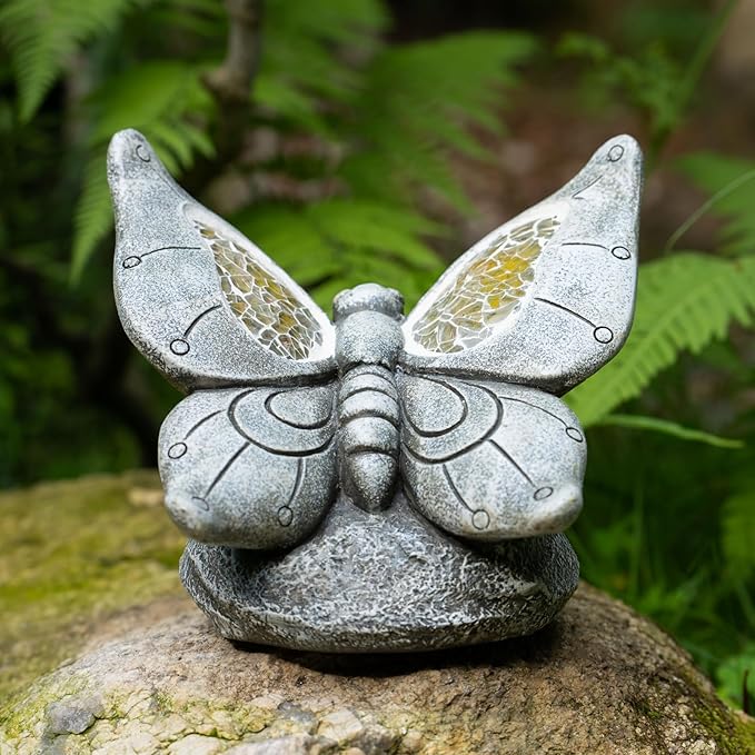Garden Statue Butterfly,Solar Butterfly Decor for Outdoor,Resin Butterflies Figurine with Solar Light for Patio,Balcony,Yard,Lawn Ornament,Perfect Garden Gift-VerdiqueGarden