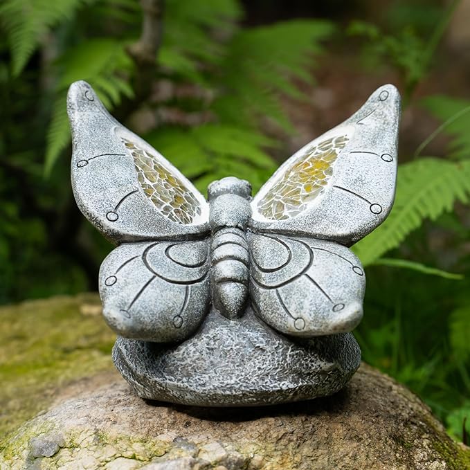 Garden Statue Butterfly,Solar Butterfly Decor for Outdoor,Resin Butterflies Figurine with Solar Light for Patio,Balcony,Yard,Lawn Ornament,Perfect Garden Gift-VerdiqueGarden