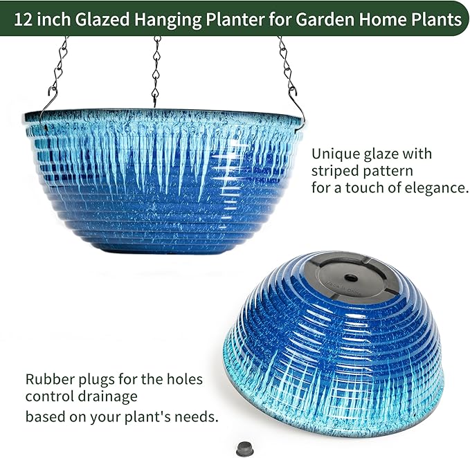12 inch Hanging Planters for Indoor Outdoor Plants, 2 Pack Large Hanging Flower Pots with Drainage Holes and Chain, Glazed Hanging Baskets for Home Garden Decoration (Blue Flow Glaze)-VerdiqueGarden