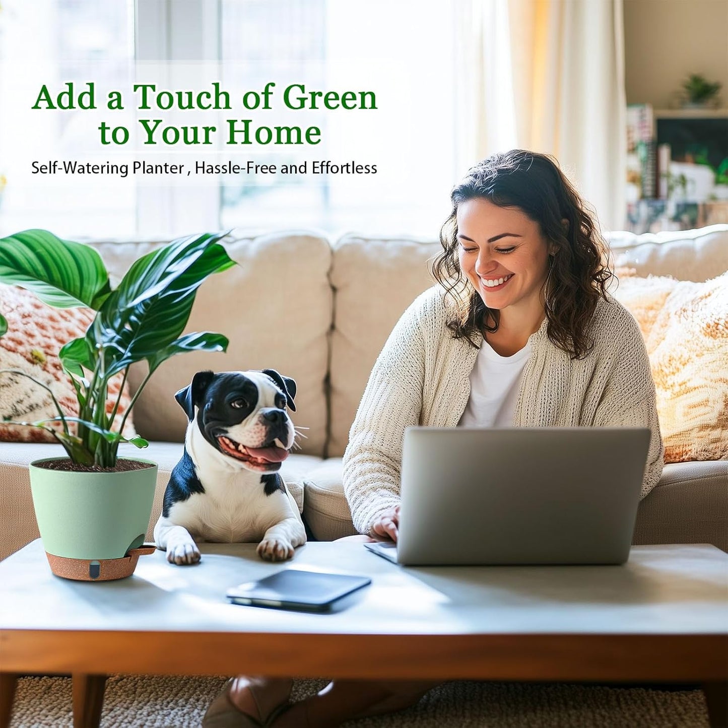 2 Pack 8 Inch Pots for Plants Indoor, Plastic Self Watering Planters with Drainage Holes, Water Level Indicator & Deep Reservoir, Decorative Flower Pots Indoor Outdoor Use (Green-VerdiqueGarden