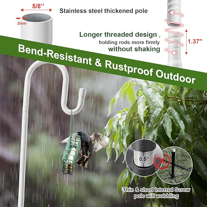 Hummingbird Feeder Pole for Outdoors - Heavy Duty Bird Feeder Stand with Adjustable Stake,62" Rustproof Shepards Poles with Hangers Holder for Birdfeeder,Wind Chimes,Lanterns,Wreaths,White-VerdiqueGarden