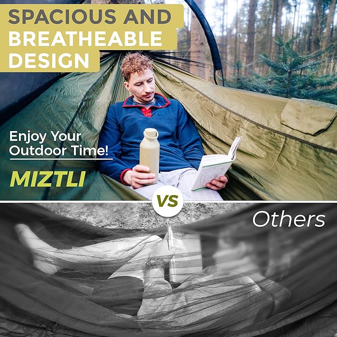 Miztli Camping Hammock -Portable Hammock w/Spacious Net & Tree Straps w/Adjustable Loops, Double and Single Hammock for Outdoor, Indoor, Hiking and Travel-VerdiqueGarden