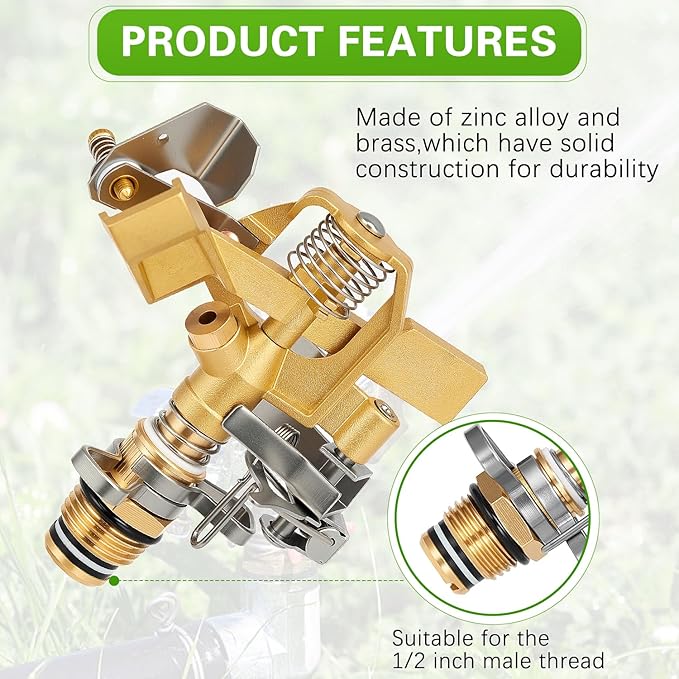 1/2 Inch Brass Sprinklers Head,Heavy Duty Water Sprinkler for Yard with 360 Degree Large Area Coverage Irrigation, Adjustable Impact Sprinklers Head Nozzle for Grass Patio Garden Irrigation-VerdiqueGarden