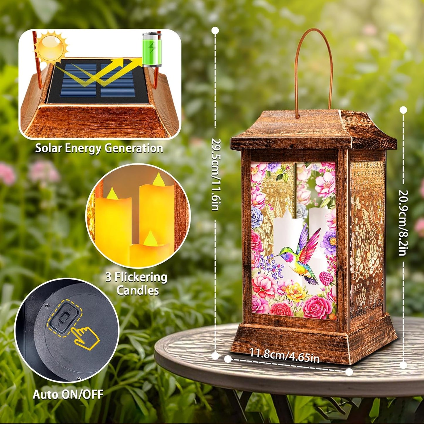 Hummingbird Solar Lanterns Outdoor Waterproof, Metal & Glass Hanging Lights Garden Decor, Birthday Gifts for Women Mom Grandma Mothers Day, Decorative Lights for Outside Yard Patio Backyard Porch-VerdiqueGarden