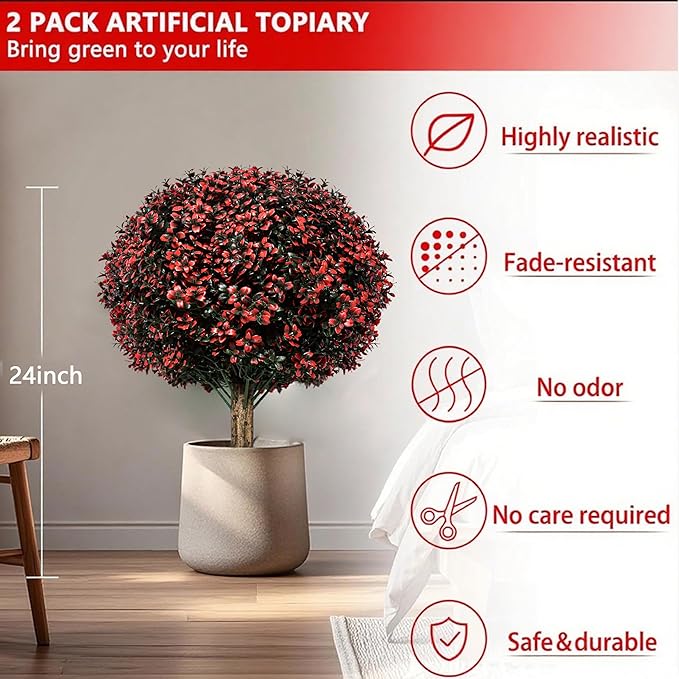 Fall Artificial Topiary Ball Boxwood Tree Outdoor with Spike,Set of 2 Large Faux Shrubs Bushes for Outdoor Planter,UV Resistant Autumn Fake Boxwood Plants for Potted Porch Indoor 24"-VerdiqueGarden