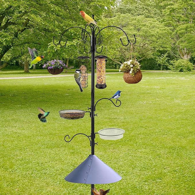 Bird Feeding Station Kit with Squirrel Baffle Bird Feeder Pole with Suet Cage Mesh Tray Fruit Hook Double W Hook for Attracting Wild Birds and Hanging Planter Hanger Lights-VerdiqueGarden