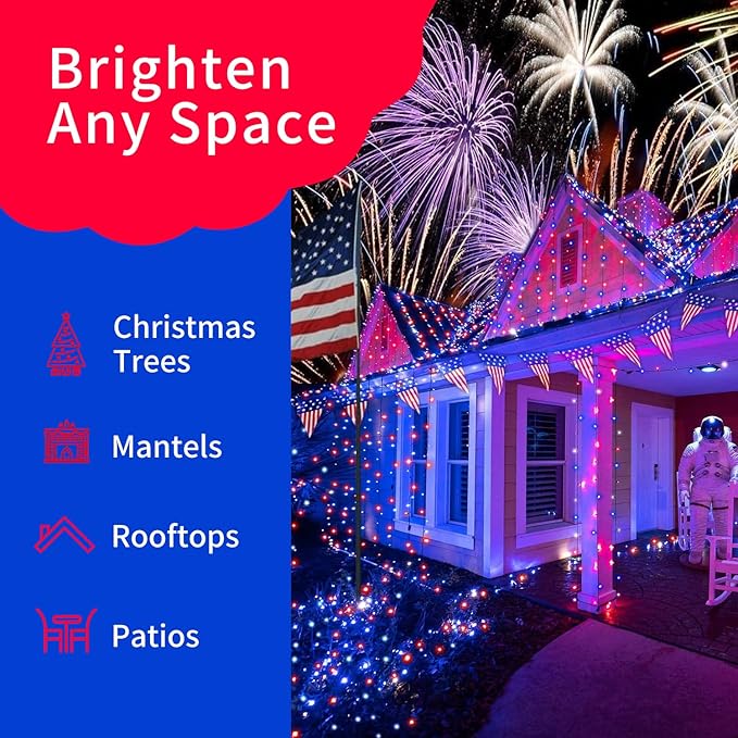 Ultra-Bright Connect End to End Red White and Blue Christmas Mini Light 100L 19.6Ft UL Listed Incandescent Bulb String Light Set for Indoor Outdoor National Day Garden Christmas Tree Decor-VerdiqueGarden
