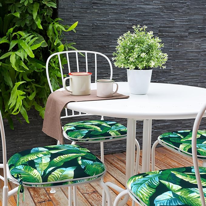 Indoor/Outdoor Chair Cushions 16x17 Inch, Patio Chair Cushions with Ties, All Weather Seat Cushions for Patio Furniture Home Garden Chair Use, Set of 4, Hanalei Lagoon-VerdiqueGarden