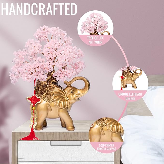 Rose Quartz Crystal Money Tree on Gold Elephant Statue, 17”Large Gemstone Bonsai Tree of Life Home Décor Gifts for Wealth Positive Energy, Feng Shui Décor-VerdiqueGarden