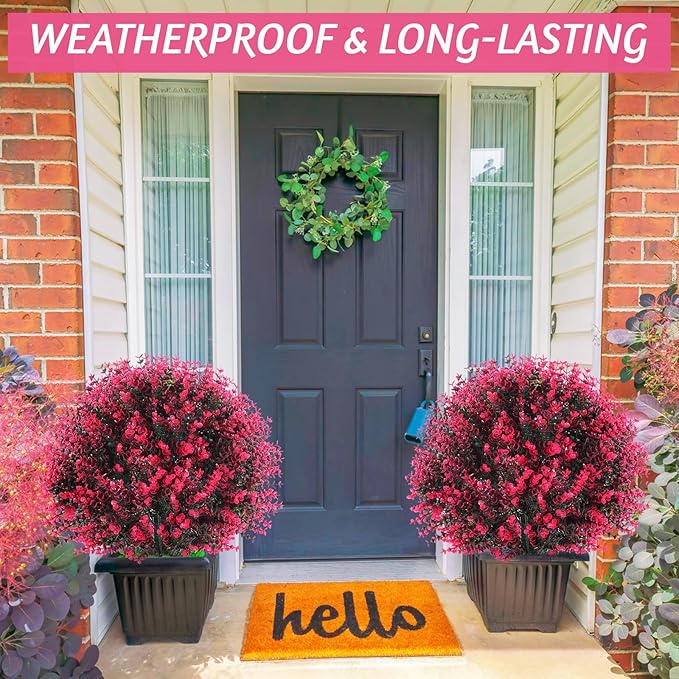 Yunlly 6 Pcs 18 Inch Artificial Boxwood Ball Topiary Tree Fake Outdoor Plants Bush, UV Resistance Faux Shrubs with Spike Realistic Greenery Potted for Indoor Garden Yard Porch Patio Decor (Rose Red)-VerdiqueGarden