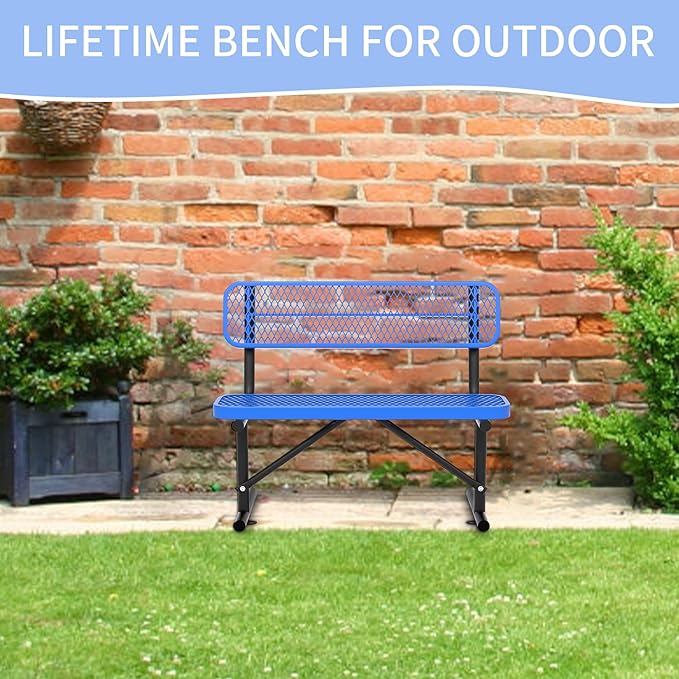 4/6/8 Feet Park Bench for Outside Heavy Duty Metal, Garden Benches Outdoor Bench with Backrest & Portable Frame, for Shopping Malls Stores Parks Patios Decks, Blue-VerdiqueGarden