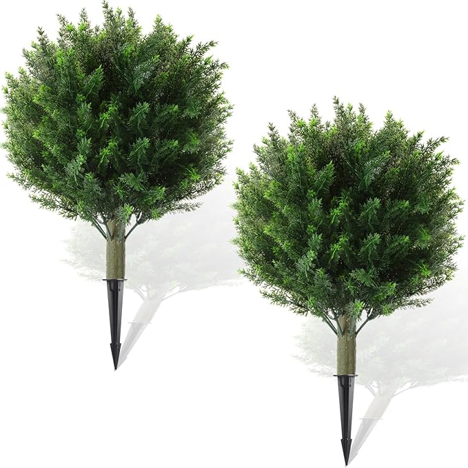 Yunlly 2 Pcs Artificial Cedar Topiary Ball Fake Tree 18" Bush Front Porch Decor Artificial Shrubs for Outdoors Faux Cypress with Ground Spike, Evergreen Plants for Indoor Garden Patio, UV Resistance-VerdiqueGarden