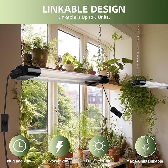 Hlite18inch 4 Pack LED Grow Lights - Linkable Grow Lights for Indoor Plants, Full Spectrum Plant Lights Plug and Hanging Design with On/Off Switch Hanging Grow Light from Seedling to Flowering, Black-VerdiqueGarden