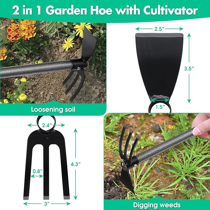 Hoe Garden Tool,45 Inch Long Garden Hoe and Cultivator, Garden Hand Tiller with Long Handle,Heavy Duty Garden Tools Hoe Cultivator for Gardening,Weeding, Tilling,Lossening Soil,Planting-VerdiqueGarden