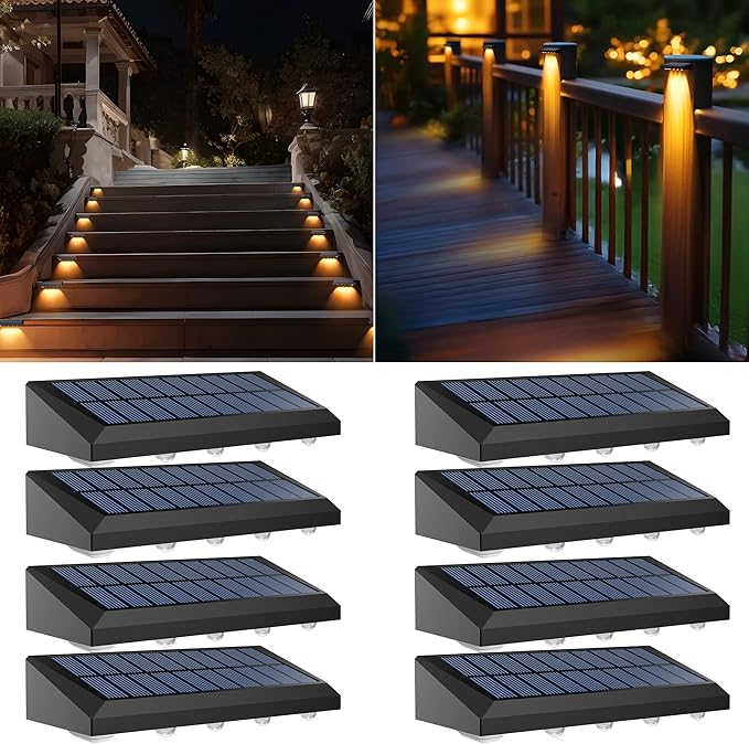 Solar Fence Lights Outdoor Waterproof IP65, 8 Pack Fence Lights Solar Powered 60 Lumens Auto On/Off Step Wall Lights Outside Decorations for Yard, Porch, Patio, Stairs, Pool, Deck, Garden- Warm Light-VerdiqueGarden