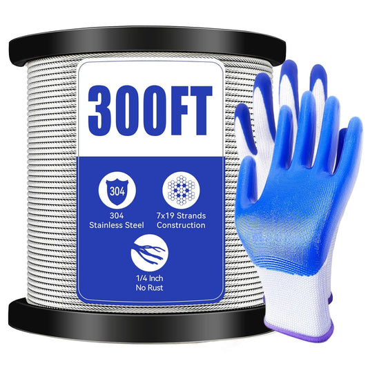 1/4" Stainless Steel Cable,7x19 Strand Aircraft Wire Rope,Cable for Heavy Duty Applications,Zip Iine and Outdoor Pulley Cables,Deck Railing, with Gloves,Breaking Strength 6400 Ibs,300FT-VerdiqueGarden