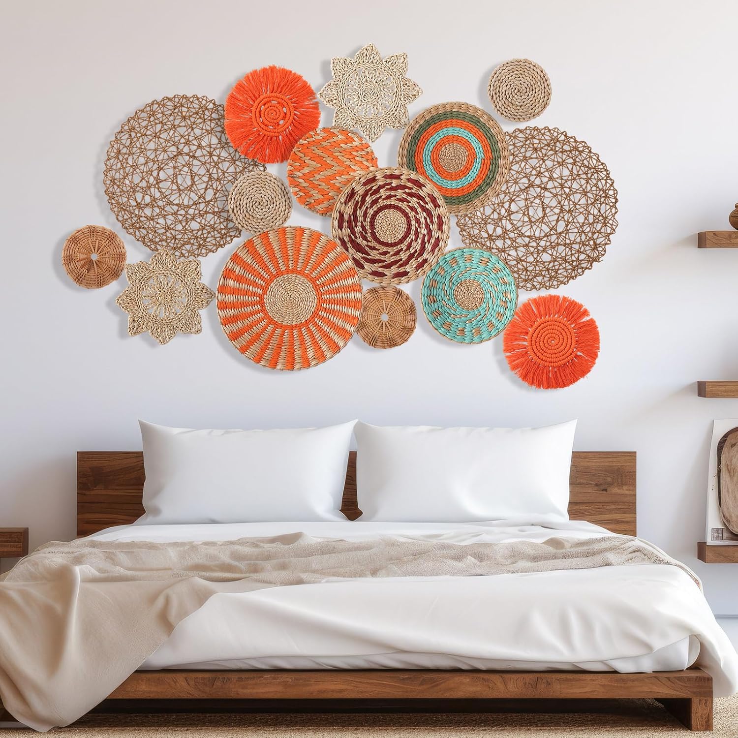 15 Pcs Boho Wall Basket Decor Woven Rattan Seagrass Wall Decor Hanging Rustic Farmhouse Western Art Decoration for Nursery Living Room Bedroom Home Kitchen(Orange Style)-VerdiqueGarden