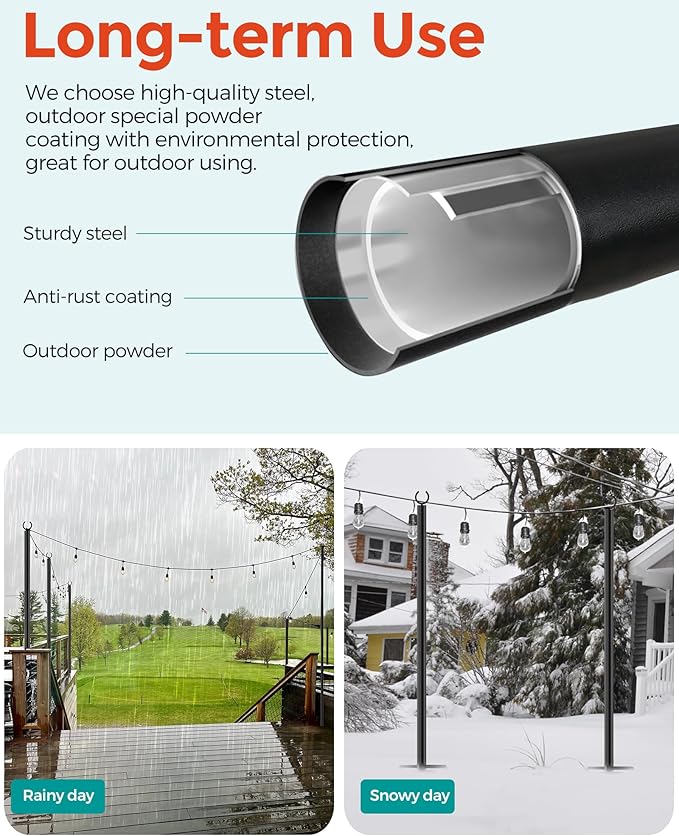 LAND·VOI 4 Pack String Light Poles, 9FT Heavy Duty Metal Light Poles for Outside String Lights, Outdoor light poles with 5 Prong Fork, Light Pole Stand for Patio, Backyard, Garden, Deck, Black FLP14B-VerdiqueGarden