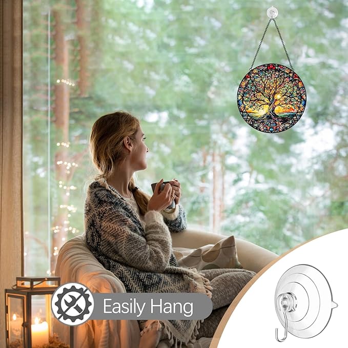 Tree of Life Sun Catcher Stained Glass Window Hanging - Handmade Suncatchers for Windows Hanging Stained Glass Suncatcher - Sun Catchers Indoor Window Wall Home Decor Glass Panel Gift for Women Men-VerdiqueGarden