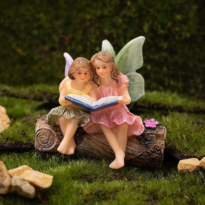 Fairies for Fairy Garden, Fairy Garden Accessories for a Garden - Garden Fairies for a Miniature Fairy Garden - Cute Fairy Garden Fairies, Sitting Sister Fairies-VerdiqueGarden