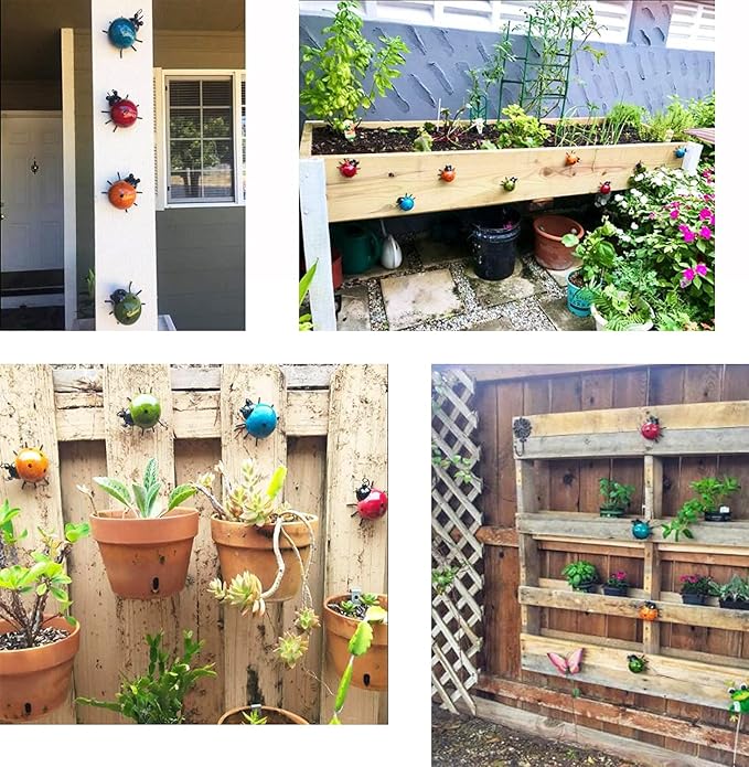 GIFTME 5 Metal Garden Wall Art Decorative Set of 4 Cute Ladybugs Outdoor Wall Sculptures-VerdiqueGarden