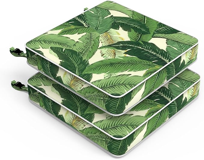 LVTXIII Patio Chair Cushions 22"x22"x3", Water-Repellent Outdoor Seat Cushions for Patio Furniture, Square Chair Pads with Ties for Home Garden Decoration, Set of 2, Swaying Palms Green-VerdiqueGarden