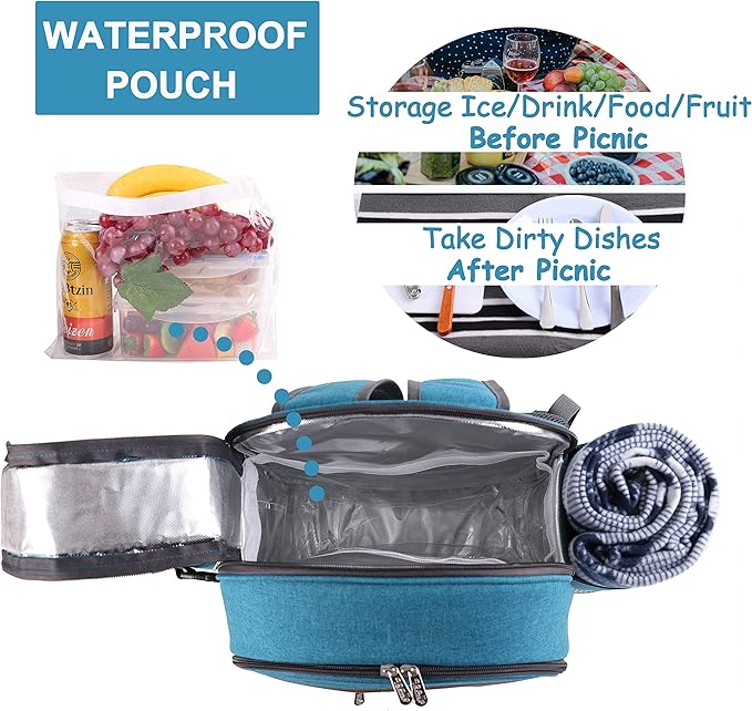 Apollo Walker Picnic Backpack Set for 2 Person with Cooler Compartment, Detachable Bottle/Wine Holder, Fleece Blanket, Plates and Cutlery Set (Teal)-VerdiqueGarden