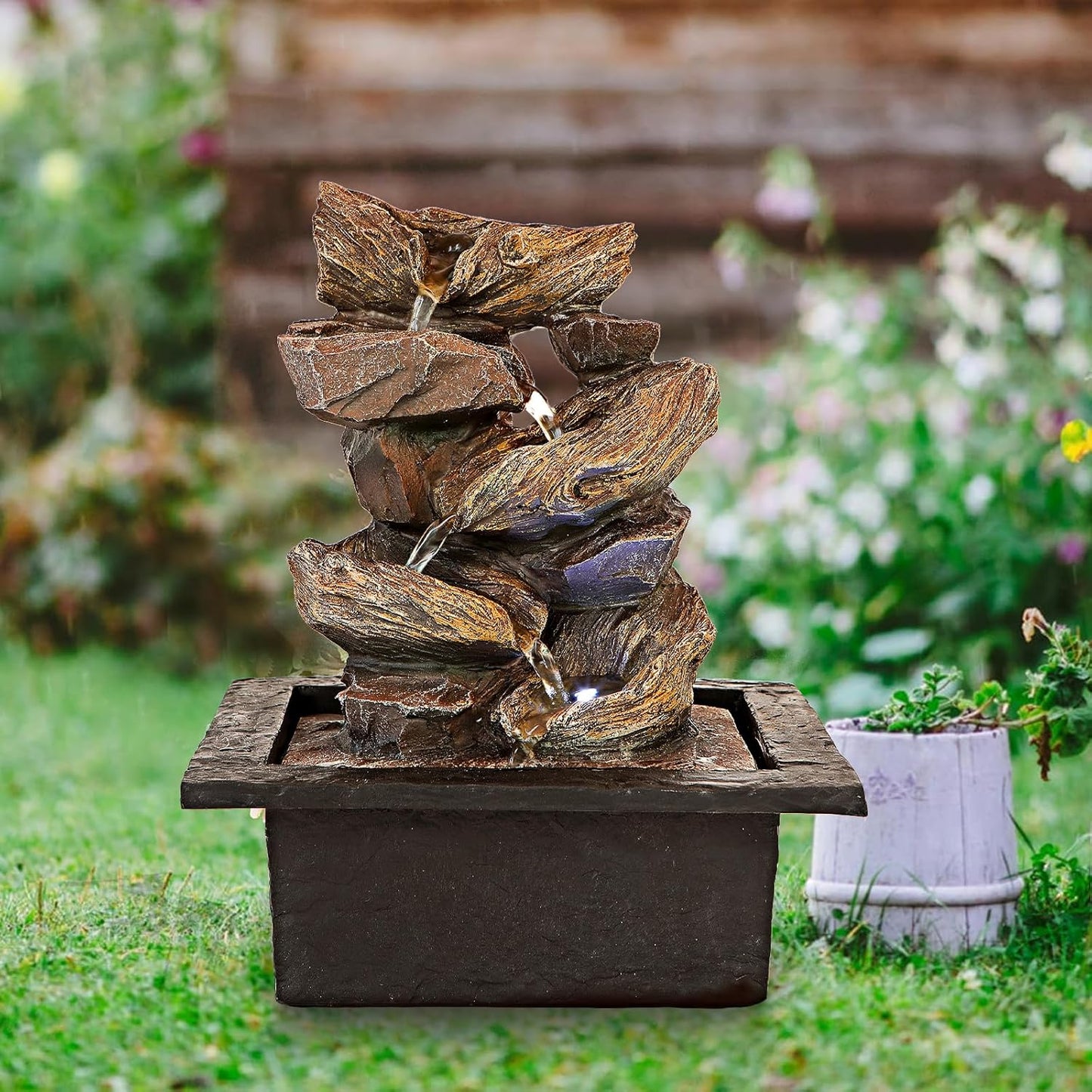 Father'sDen Collection 11-inch Waterfall Fountain Indoor - Tabletop Water Fountain - Indoor Fountains and Waterfalls with Soothing Sounds & In-Pot LED Light Enhancement-VerdiqueGarden