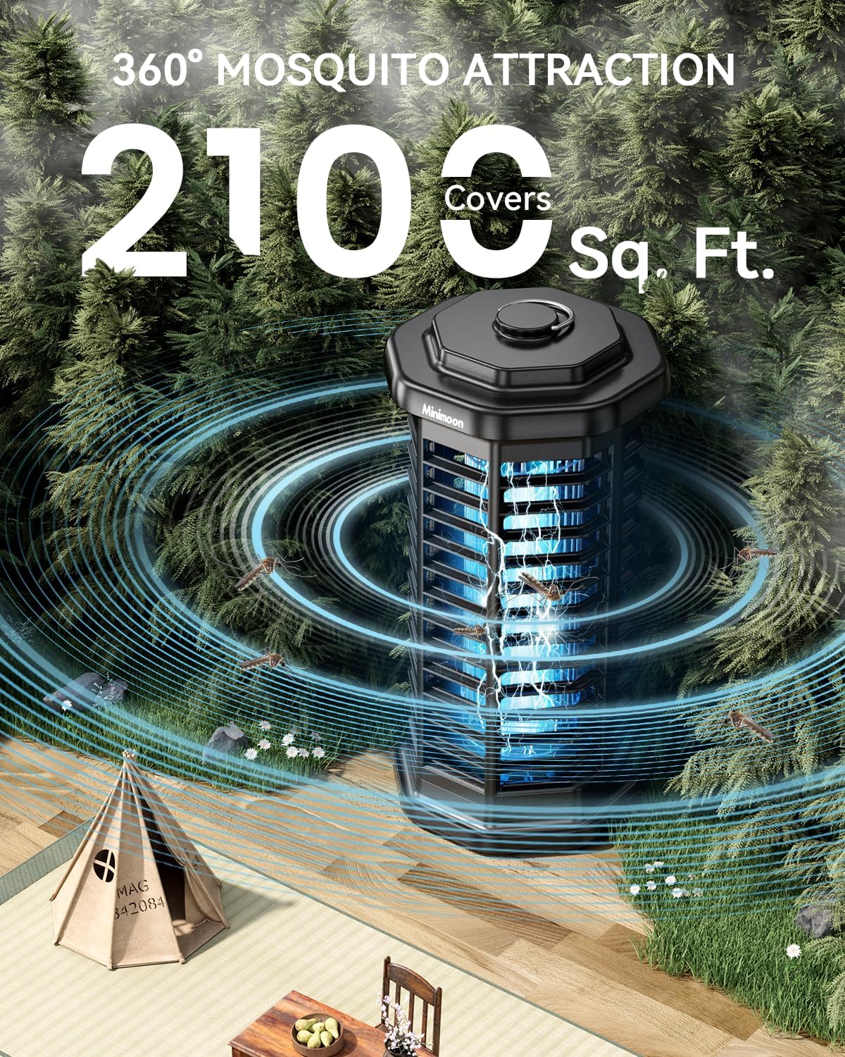 Minimoon Bug Zapper Outdoor 4000V Powerful Electric Mosquito Zapper, 15w Fly Trap Outdoor, IPX4, Corded Fly Zapper for Indoor, Yard, Backyard, Patio, Camping (Black)-VerdiqueGarden