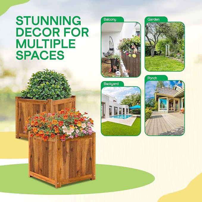 IDZO Set of 2 Acacia Wood Flower Planters for Outdoor Plants, Ergonomic Handles, Drainage Holes, Various Sizes, Ideal for Home Décor, Light Cherry-VerdiqueGarden