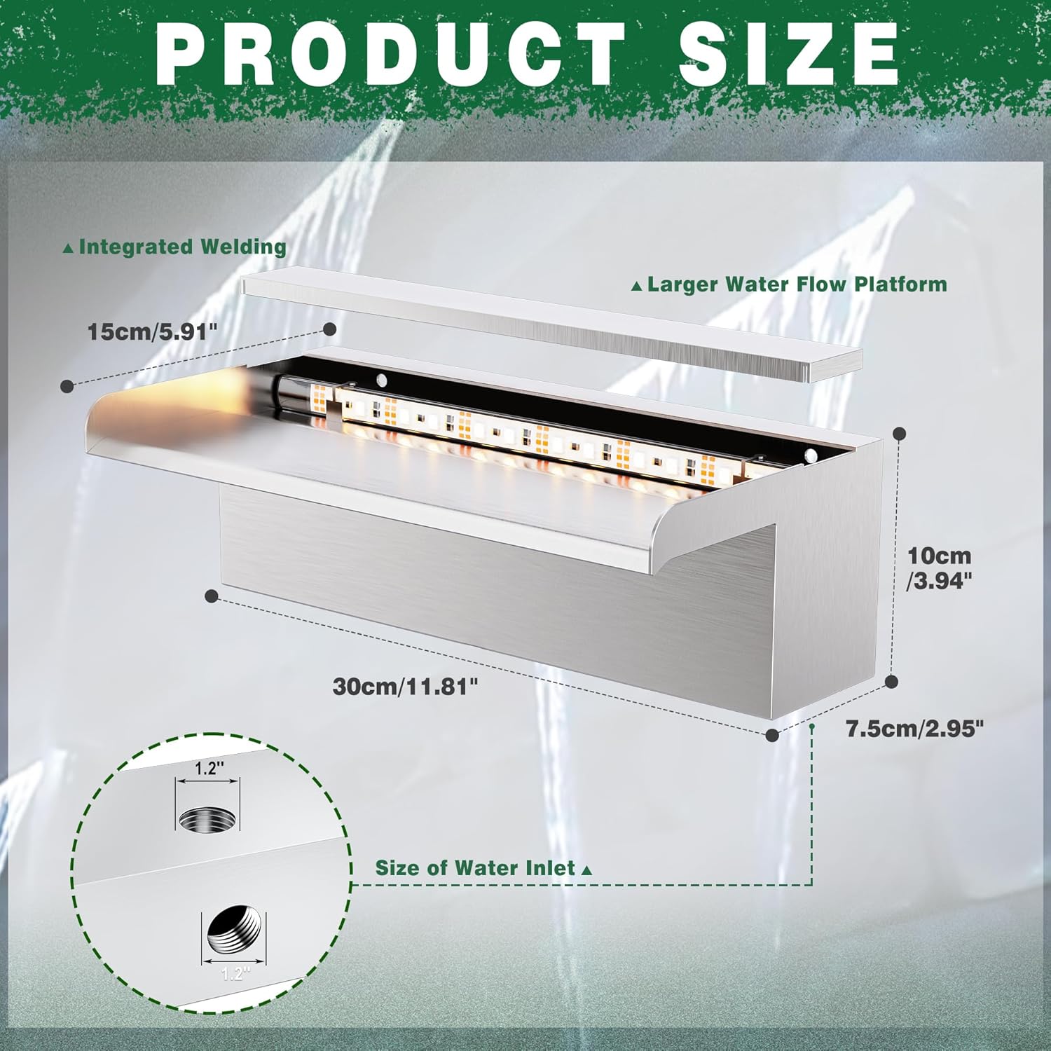 LONGRUN Waterfall Pool Fountain, Updated 5.9'' Wider Open Lip Stainless Steel Waterfall Spillway, Decorative Water Feature for Swimming Pools, Koi Ponds, Spa & Garden - 11.8''-VerdiqueGarden