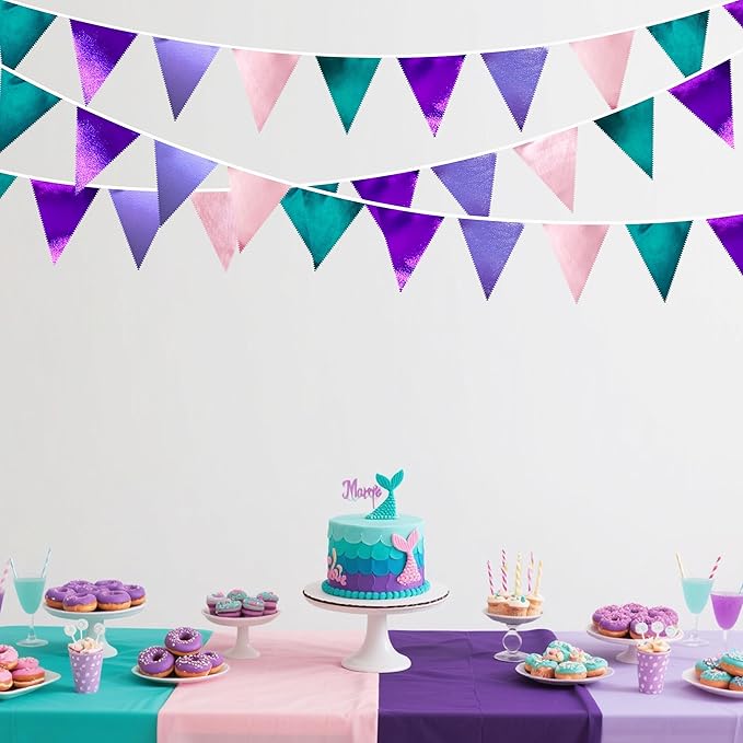 Mermaid Party Decorations Purple Pink and Teal Aqua Metallic Fabric Triangle Pennant Banner Flag Bunting Garland for Mermaid Under the Sea Birthday Wedding Baby Shower Engagement Party Supplies-VerdiqueGarden