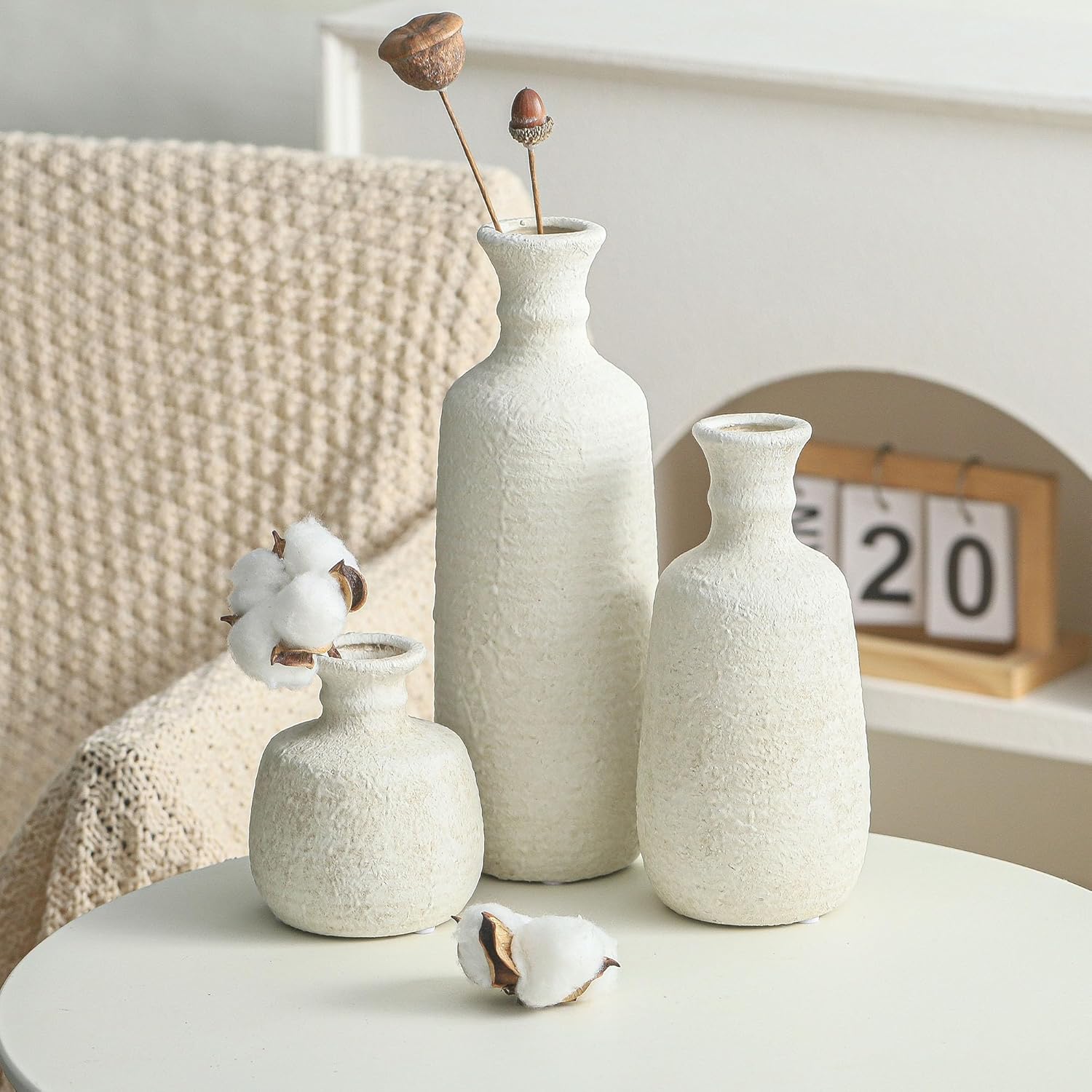 Ceramic Vase Set of 3, Neutral Rustic Vases Home Decor Farmhouse Decorative Vase Whitewashed Pottery Decor Boho Modern for Table Mantel Entryway Bookshelf Living Room Kitchen Bathroom Bedroom - White-VerdiqueGarden