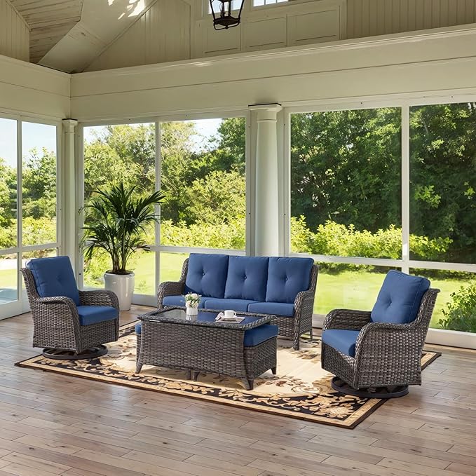 Wicker Outdoor Furniture Patio Furniture Set - 6 Piece Patio Conversation Set with Swivel Rocker Chairs, Rattan Sofa, Ottomans and Coffee Table, Blue Cushion-VerdiqueGarden