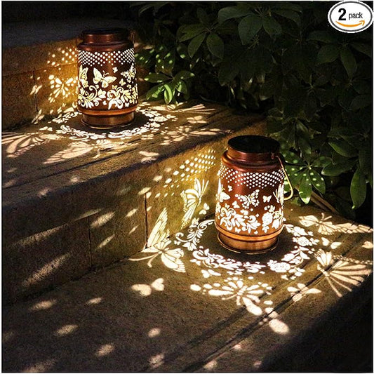 2 Pack Solar Butterfly Lanterns Outdoor Hanging Decor Lantern,Waterproof Hollow Out Retro Metal Decorative Garden Light,Graceful Decoration for Patio,Yard,Landscape,Festival-VerdiqueGarden