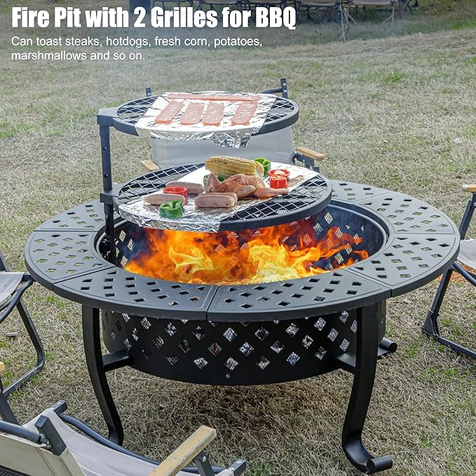 42 Inch Fire Pit with 2 BBQ Grills, Wood Burning Fire Pits for Outside with Lid & Fire Poker, BBQ& Outdoor Firepit & Round Metal Table 3 in 1 for Patio, Picnic, Party-VerdiqueGarden