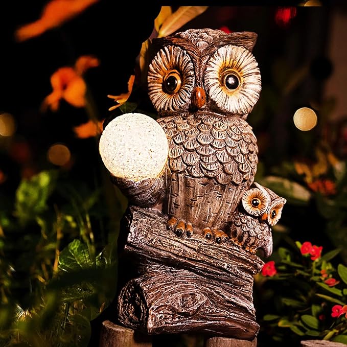 Garden Decor Owl Statues Fall Decorations for Outdoor,Resin Owl Figurines with Solar Lighted Ball- Owl Gardening Gifts for Women Owl Lawn Ornaments for Patio Decor Yard Decoration-VerdiqueGarden