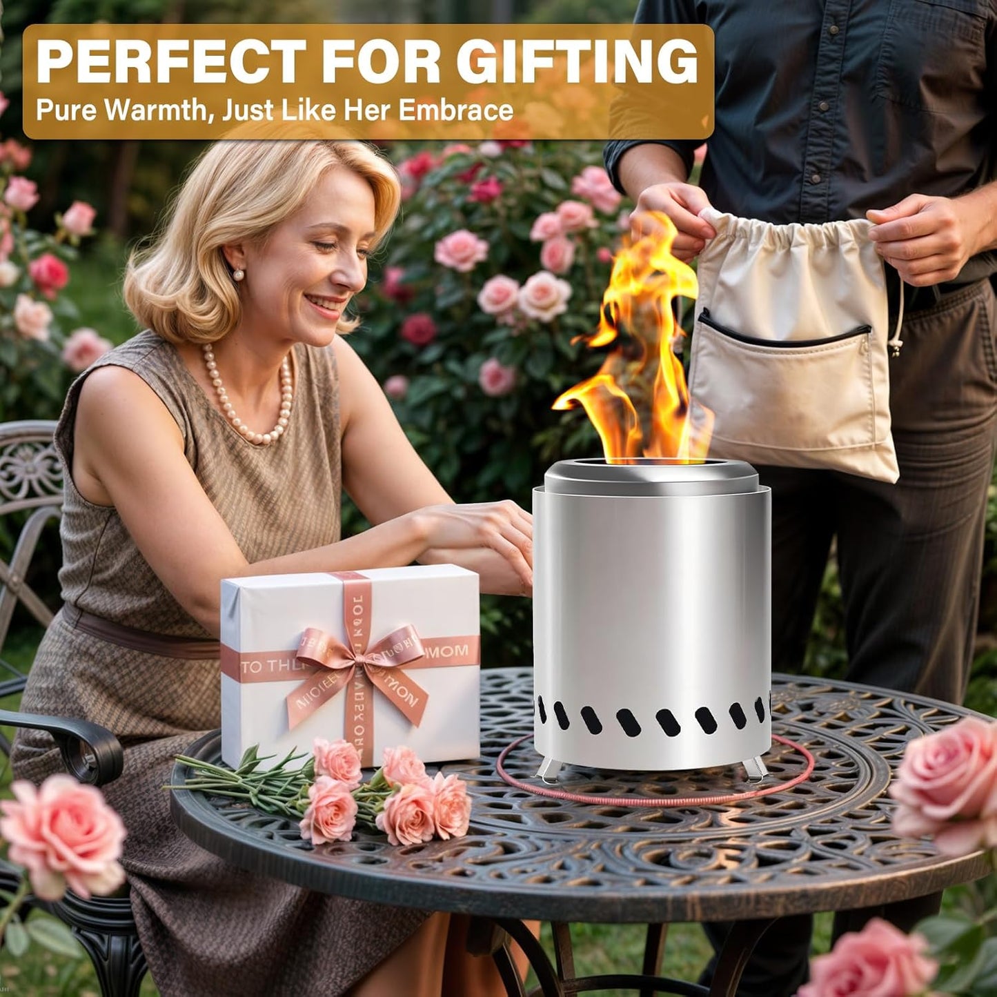 HGD 9.8 x 8.7 in Small Tabletop Fire Pit, Portable Mini Smokeless Table Top Firepit, Low Smoke Camping Stove for Outdoor & Patio, Fueled by Pellets or Wood, with Travel Bag, Stainless Steel, Silver-VerdiqueGarden